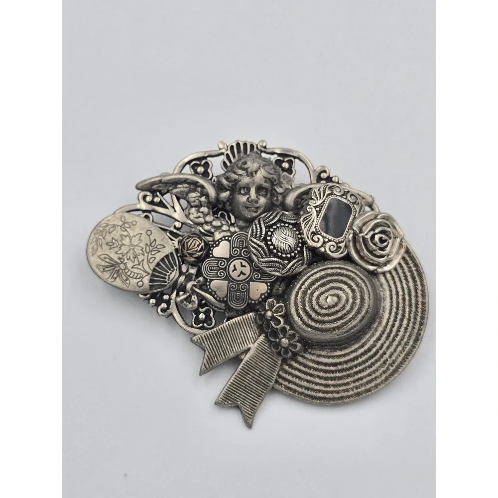 Vintage Style Silver Tone Cherub Fan‎ Hat Bow Collage Brooch Pin Fashion Jewelry
